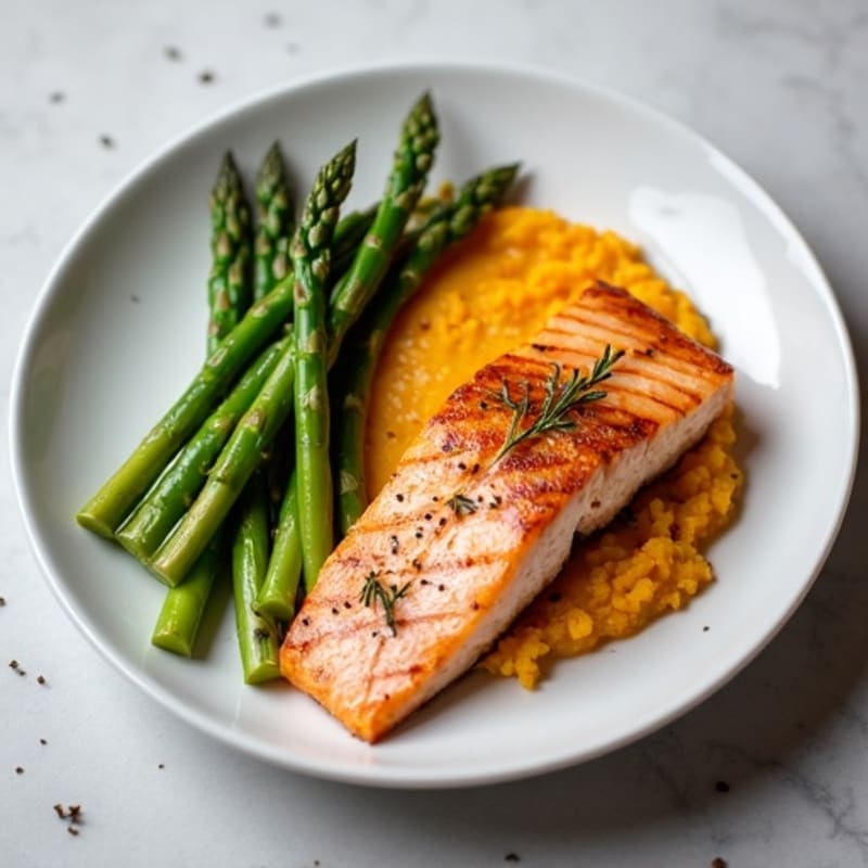 Seared Salmon with Steamed Asparagus and Sweet Potato Mash