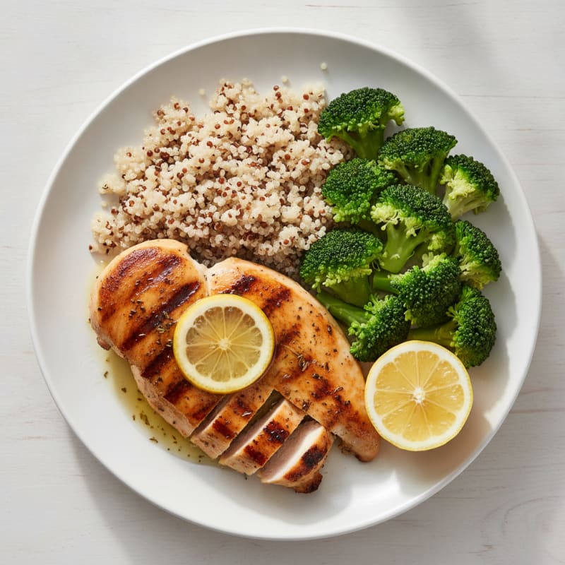 Grilled Chicken Breast with Steamed Broccoli and Quinoa