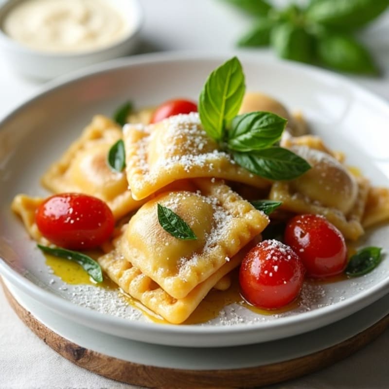 Whole Wheat Spinach Ravioli with Roasted Cherry Tomatoes and Fresh Basil