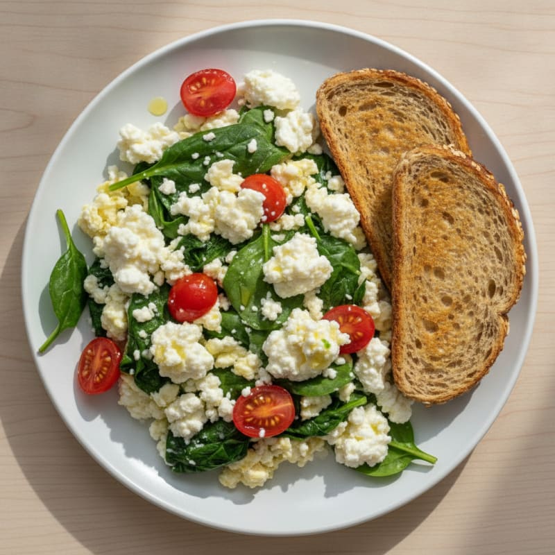 Cottage Cheese Egg White Scramble with Spinach and Tomatoes