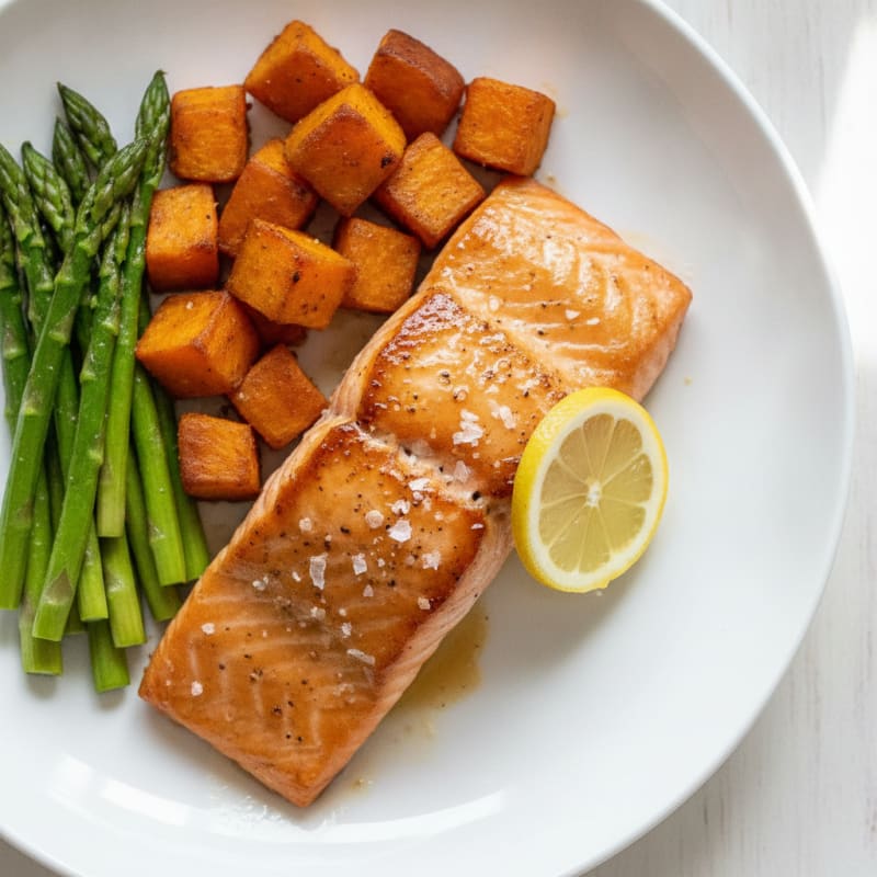 Seared Salmon with Roasted Sweet Potato and Asparagus