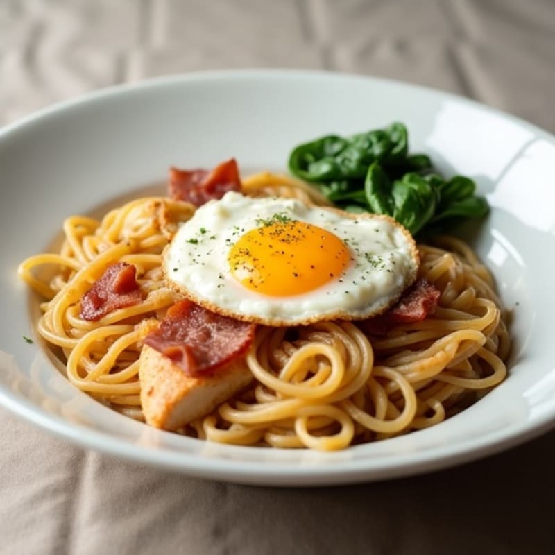 Creamy Egg and Lean Chicken Whole Wheat Pasta with Crispy Prosciutto