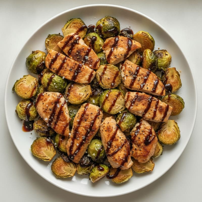 Roasted Brussels Sprouts and Chicken with Balsamic Glaze