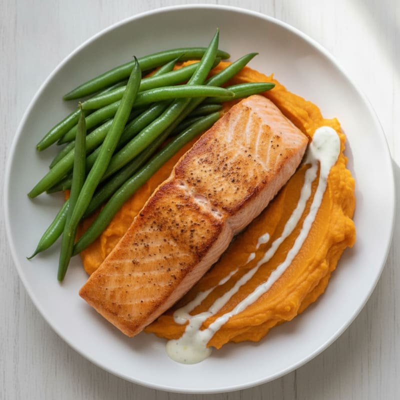 Seared Salmon Fillet with Steamed Green Beans and Sweet Potato Mash