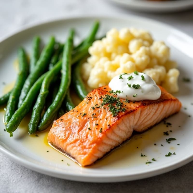 Seared Salmon with Steamed Green Beans and Garlic Mashed Cauliflower