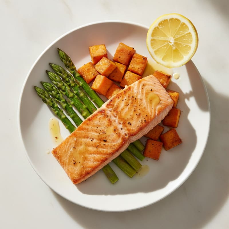 Seared Salmon Fillet with Roasted Sweet Potato and Asparagus