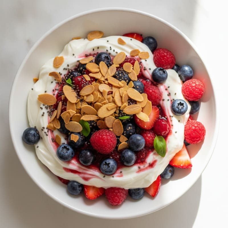 Greek Yogurt Protein Parfait with Mixed Berries and Almonds