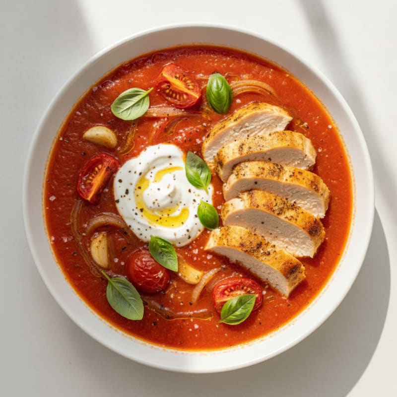 Roasted Tomato Basil Soup with Herb Chicken