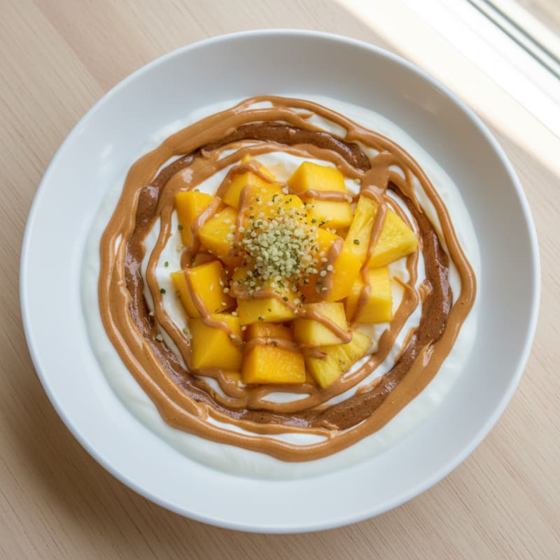 Greek Yogurt Bowl with Peanut Butter, Almond Butter, and Tropical Fruit
