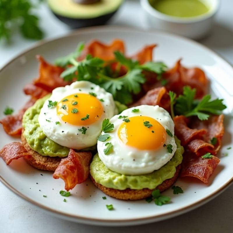Poached Eggs with Crispy Turkey Bacon and Creamy Avocado-Herb Sauce