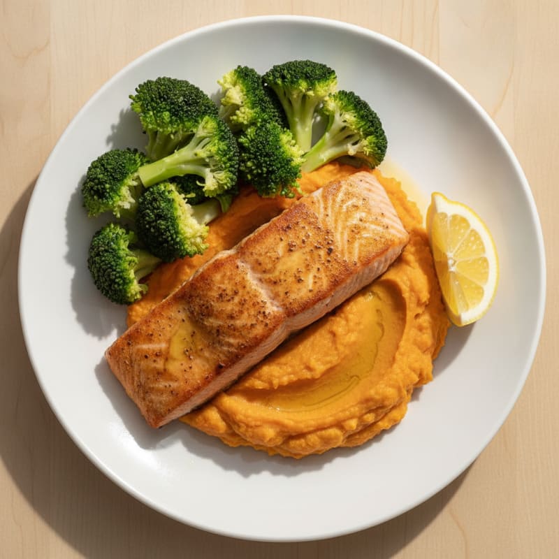 Seared Salmon with Steamed Broccoli and Mashed Sweet Potato