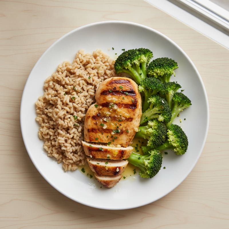 Grilled Lemon Garlic Chicken Breast with Steamed Broccoli and Brown Rice