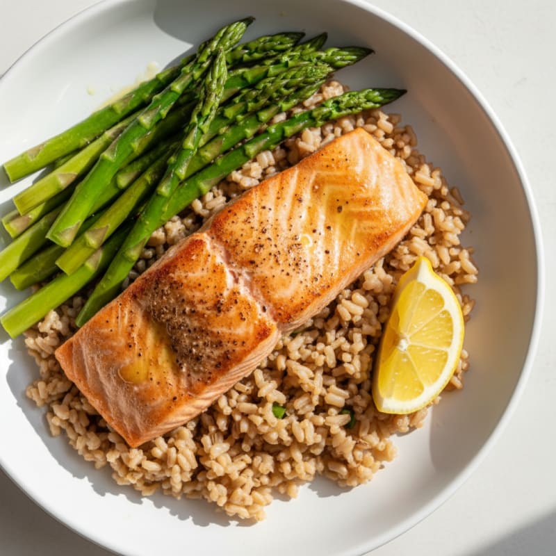 Seared Salmon with Steamed Asparagus and Brown Rice