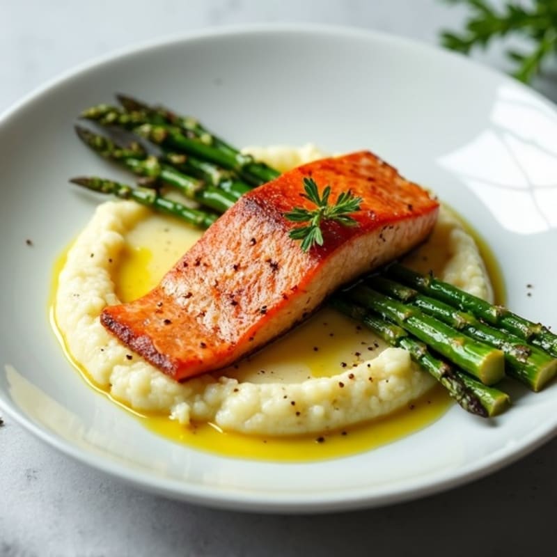 Seared Salmon Filet with Roasted Asparagus and Cauliflower Mash