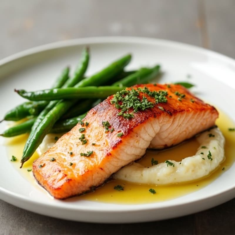 Seared Salmon with Garlic Green Beans and Cauliflower Mash
