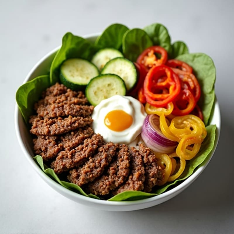 Lean Ground Beef Burger Bowl with Crispy Veggies and Tangy Dressing