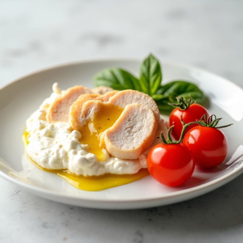 Cottage Cheese with Sliced Chicken Breast and Cherry Tomatoes