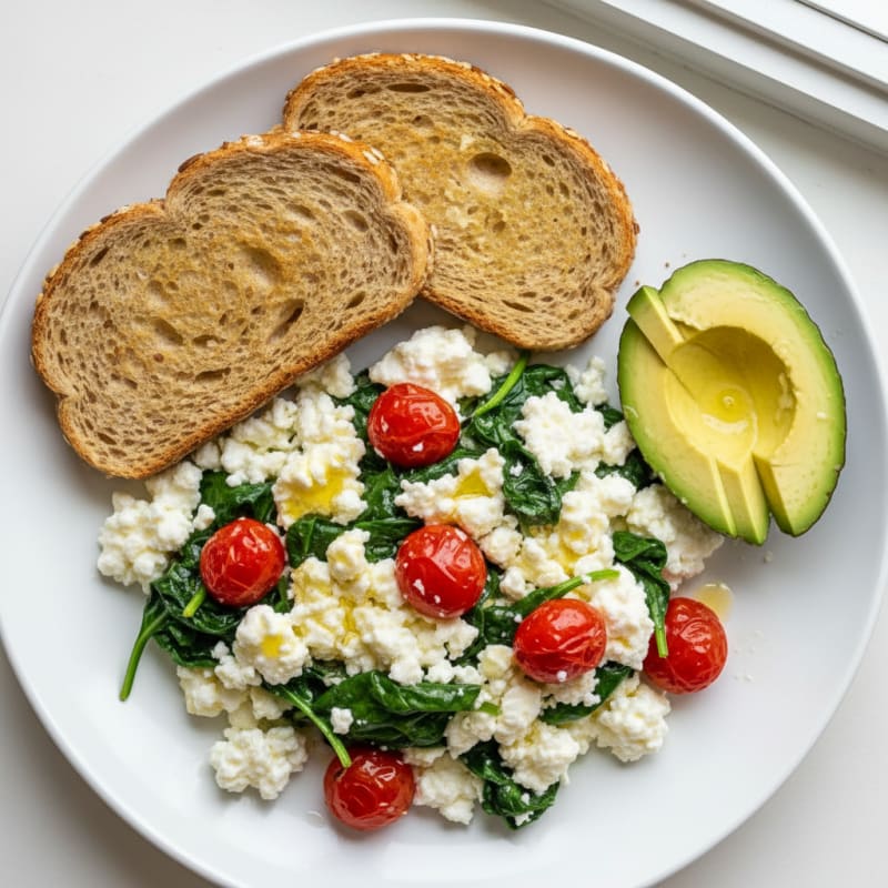 Cottage Cheese Egg White Scramble with Spinach and Cherry Tomatoes