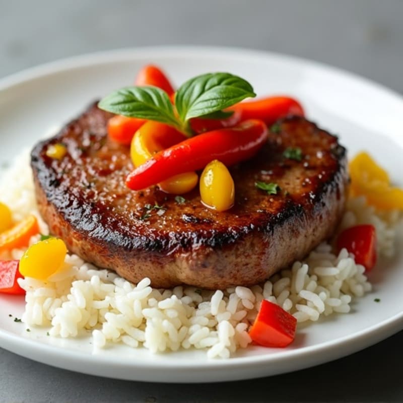 Pan-Seared Steak with Roasted Bell Peppers and Fluffy White Rice
