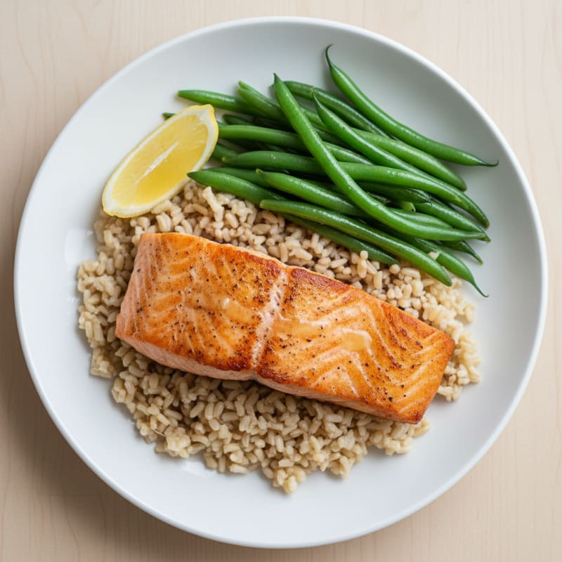 Seared Salmon with Steamed Green Beans and Brown Rice