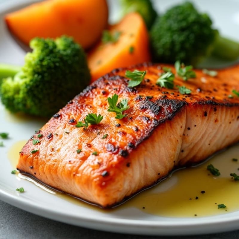 Seared Salmon with Roasted Sweet Potato and Broccoli