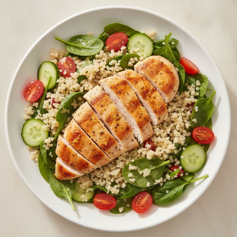 Grilled Lemon Pepper Chicken with Quinoa and Spinach Salad