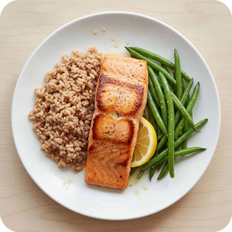 Seared Salmon Fillet with Steamed Green Beans and Brown Rice