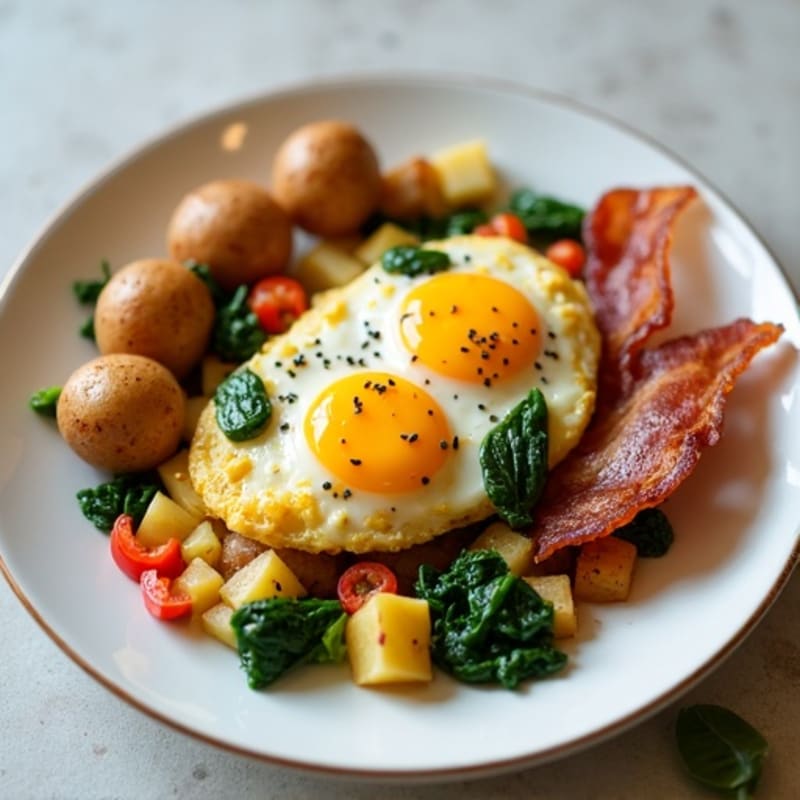 Egg and Bacon Veggie Scramble with Roasted Potatoes
