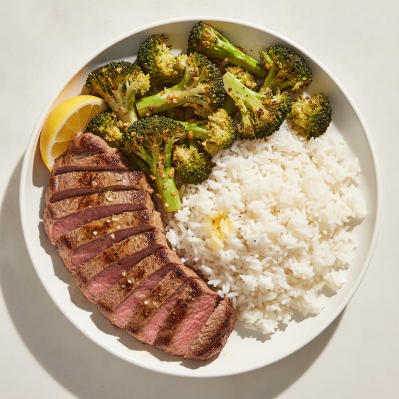 Seared Steak with Garlic Roasted Broccoli and Rice