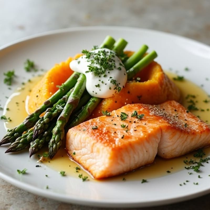 Seared Salmon with Steamed Asparagus and Sweet Potato Mash
