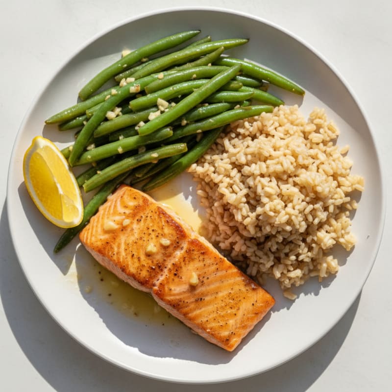 Seared Salmon Fillet with Garlic Green Beans and Brown Rice