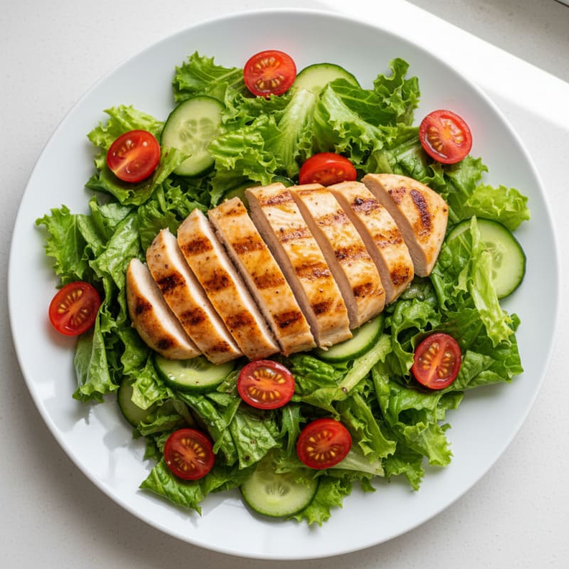 Grilled Chicken Breast Salad with Crunchy Romaine and Cherry Tomatoes