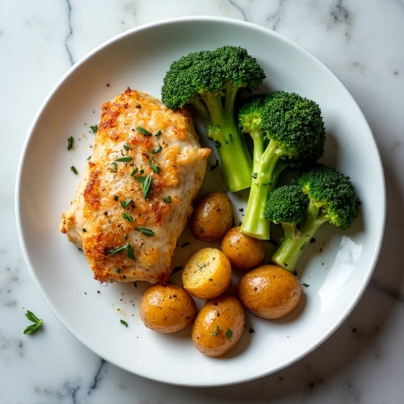 Crispy Roasted Small Potatoes with Herb-Marinated Chicken and Roasted Broccoli
