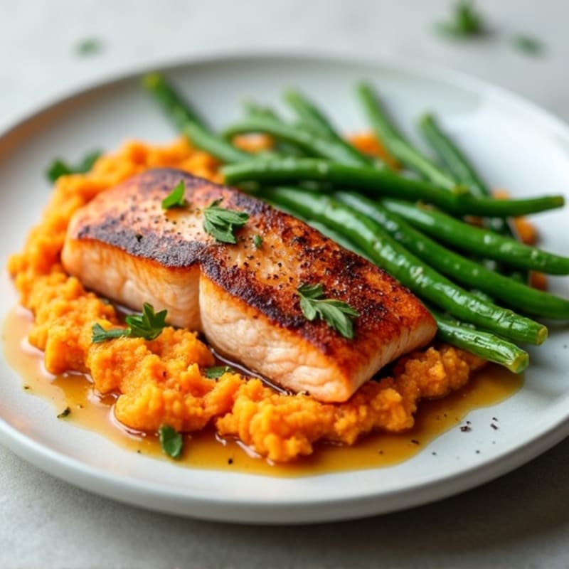 Seared Salmon with Steamed Green Beans and Sweet Potato Mash