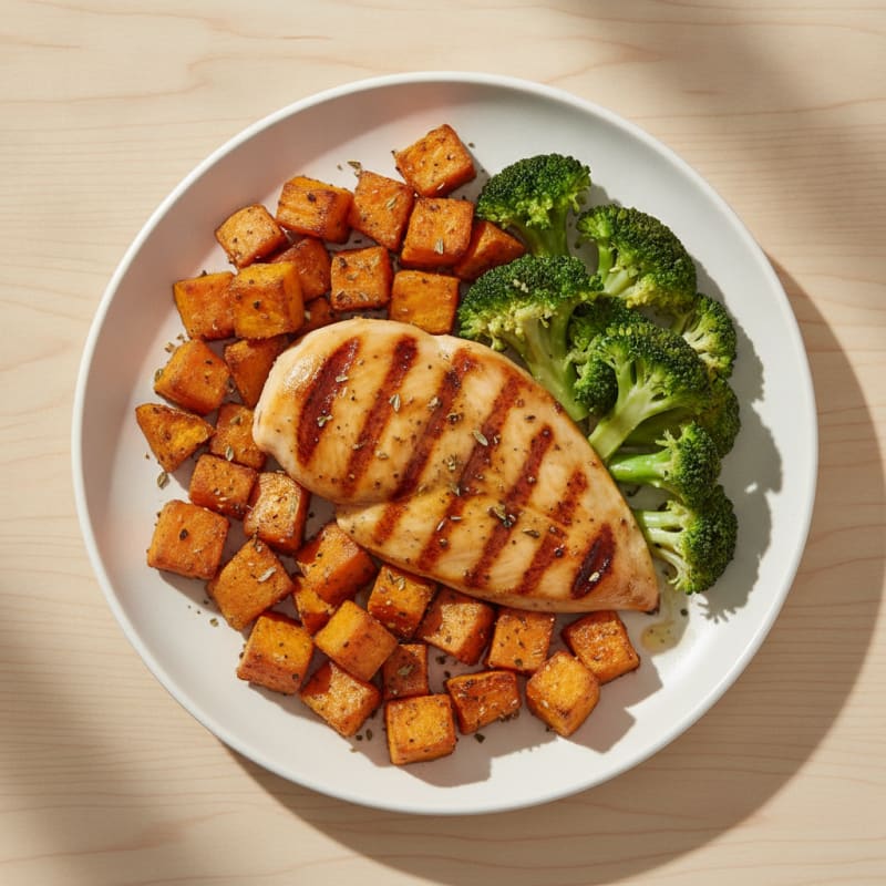 Grilled Chicken Breast with Roasted Sweet Potato and Steamed Broccoli