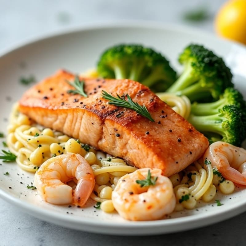 Seared Salmon with Creamy Chickpea Pasta and Steamed Broccoli