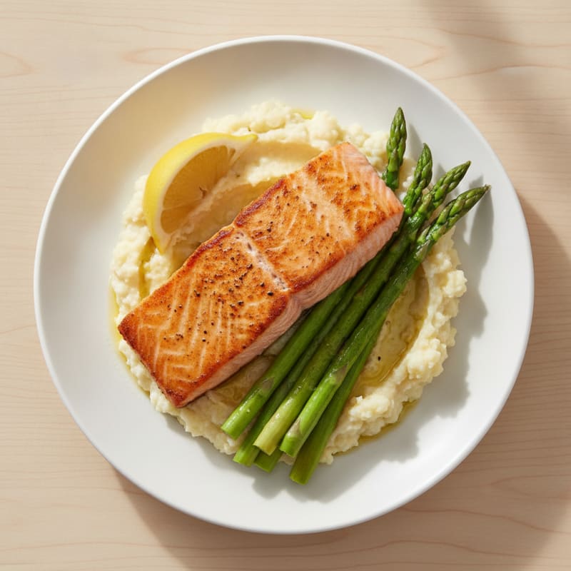 Seared Salmon with Steamed Asparagus and Garlic Cauliflower Mash