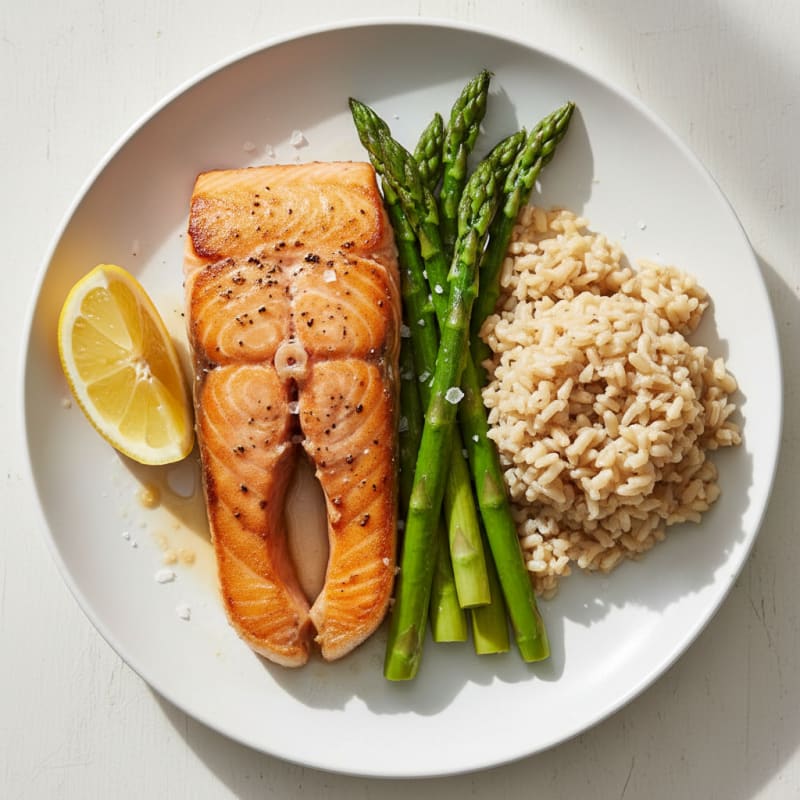 Seared Salmon with Steamed Asparagus and Brown Rice