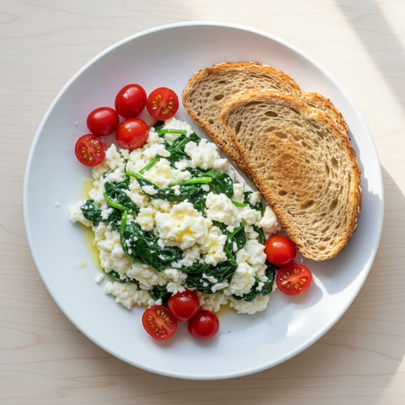 Egg White Scramble with Cottage Cheese and Sautéed Spinach