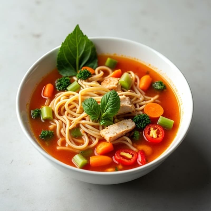 Spicy Sriracha Brothy Chicken Noodle Soup with Fresh Vegetables