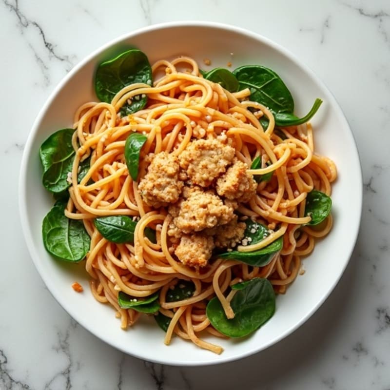 Creamy Spicy Sesame Noodles with Lean Ground Chicken and Fresh Greens