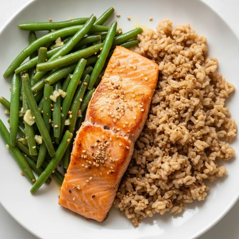 Seared Salmon with Garlic Green Beans and Brown Rice