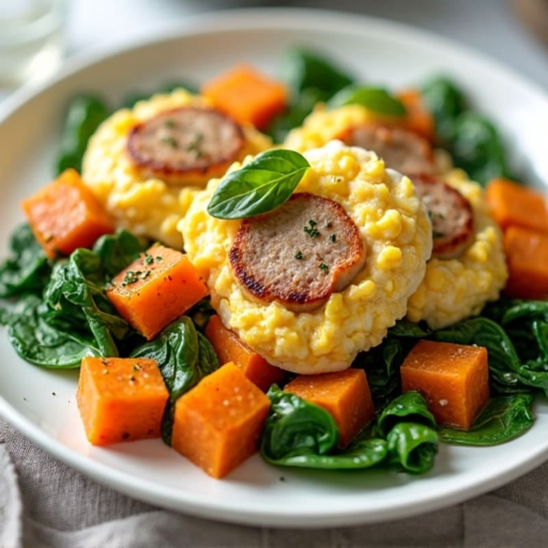 Egg White and Turkey Sausage Scramble with Spinach and Roasted Sweet Potato