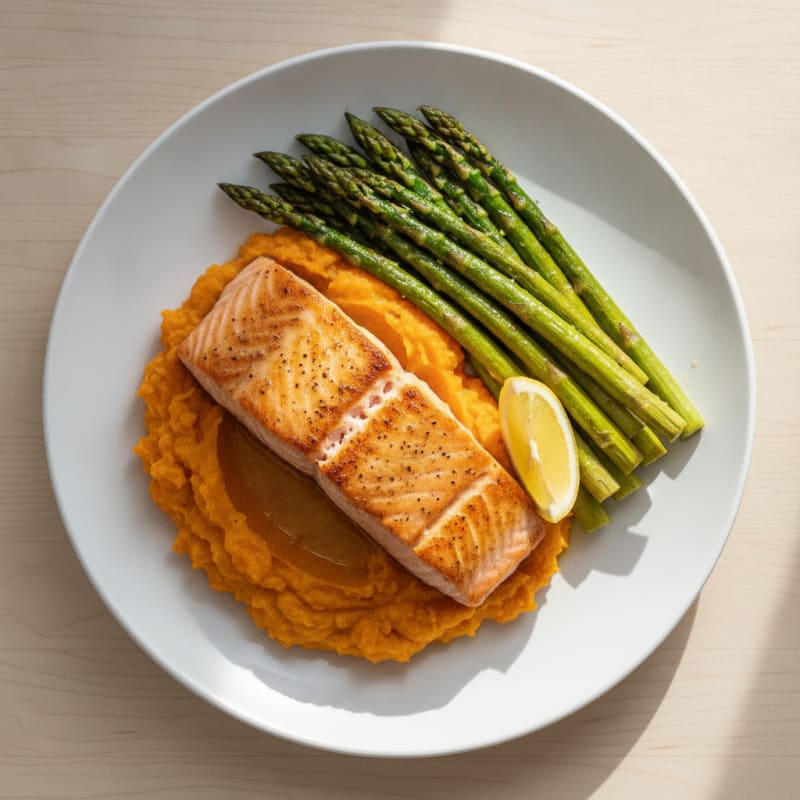 Seared Salmon with Roasted Asparagus and Sweet Potato Mash