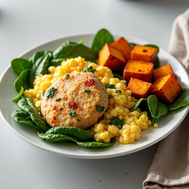 Egg White and Turkey Sausage Scramble with Spinach and Roasted Sweet Potato