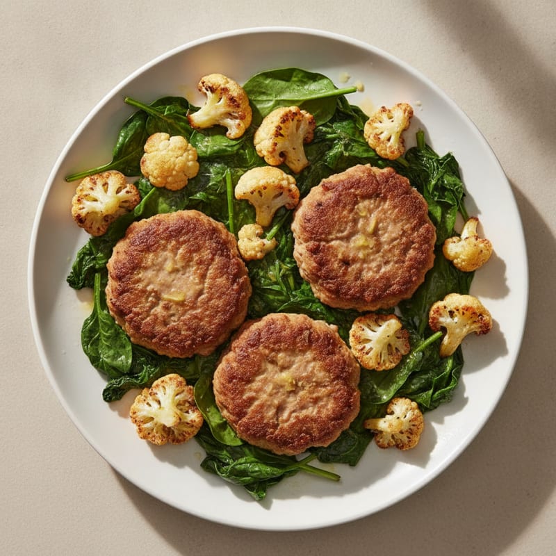 Seared Turkey Patties with Roasted Cauliflower and Spinach