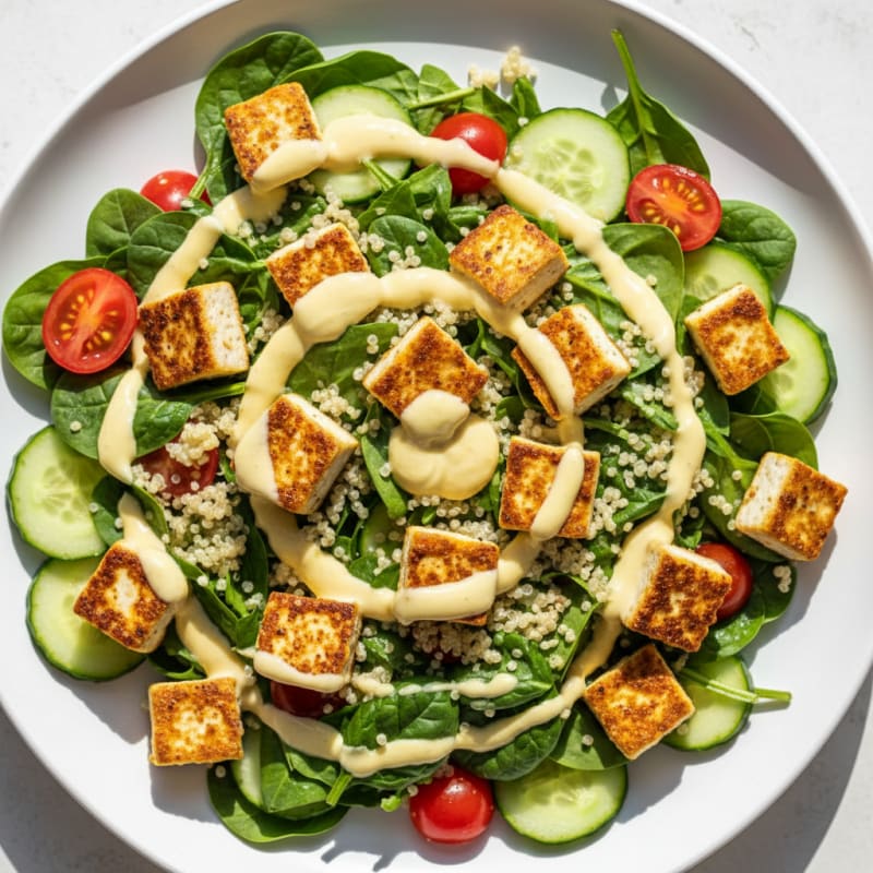 Crispy Tofu and Quinoa Salad with Lemon-Tahini Dressing