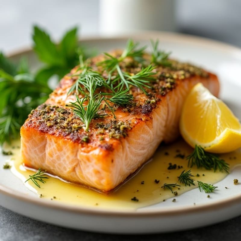 Herb-Crusted Pan Seared Salmon with Lemon Garlic Sauce