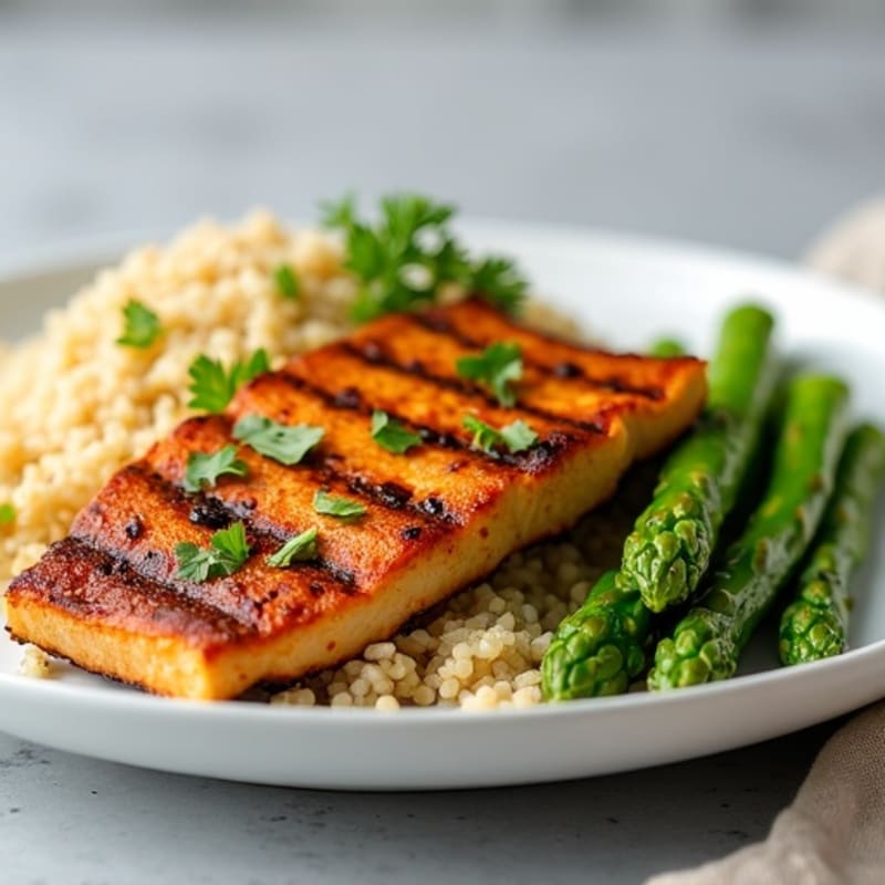 Grilled Tempeh with Quinoa and Steamed Asparagus