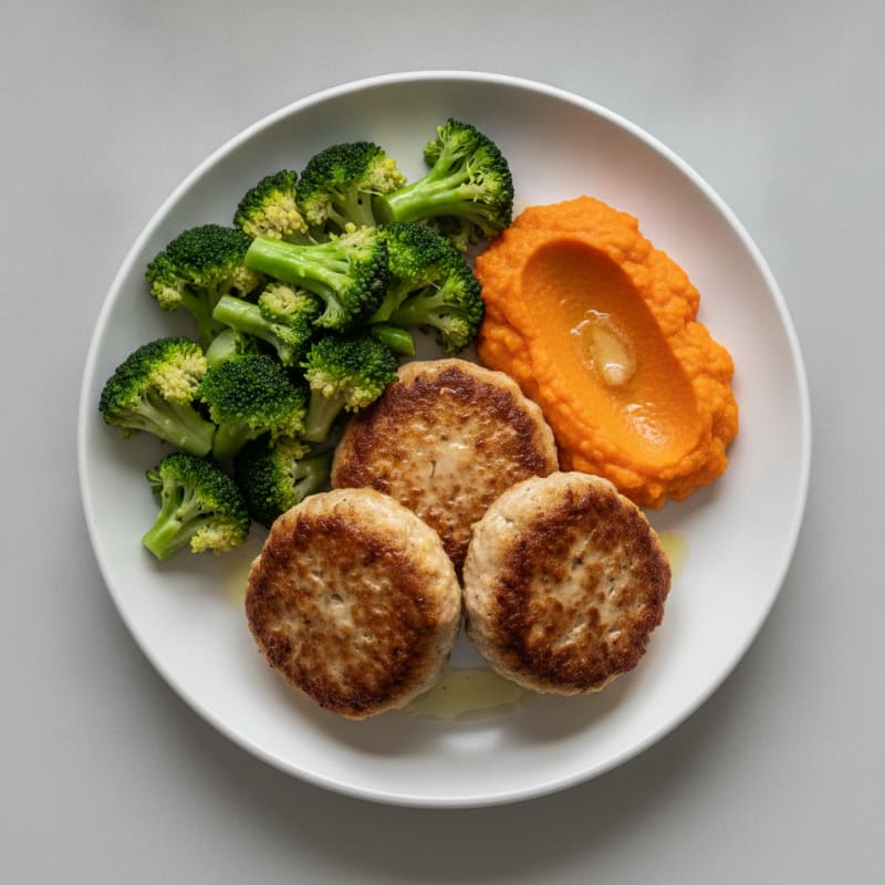Seared Turkey Patties with Steamed Broccoli and Carrot Mash